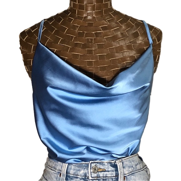Tops - Baby Blue Satin Ruched Top